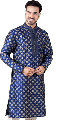 Erach India Men Printed Straight Kurta(Blue)
