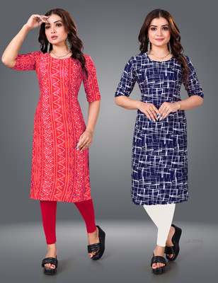 YATKSH Women Printed Straight Kurta(Blue)