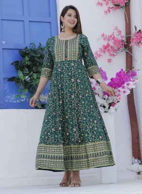 ARTSAA Women Floral Print Anarkali Kurta(Green)