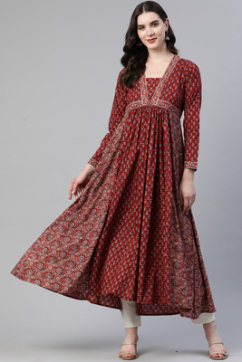 VBUYZ Women Floral Print Anarkali Kurta(Maroon)