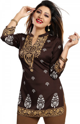 Anmi Endearing Ethnicity Short Red Tunic for Women Printed Women Straight Kurta(Brown)