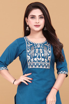 RIDDHI COLLECTION MALL Women Embroidered A-line Kurta(Blue)