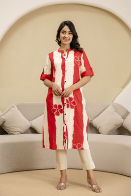 mokshi Women Striped A-line Kurta(Red)