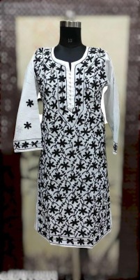 Neelam Chikan Women Embroidered Straight Kurta(White, Black)