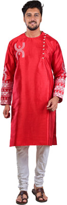 Meilli Men Embroidered Straight Kurta(Red)