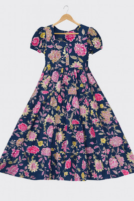 HouseOfCommon Women Floral Print, Printed Flared Kurta(Blue)