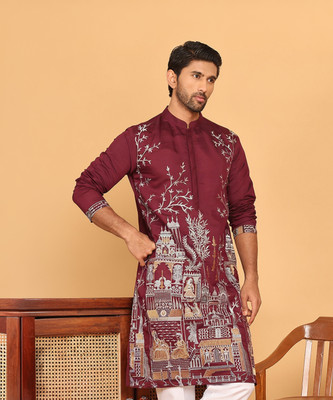 Jompers Men Embroidered Straight Kurta(Maroon)