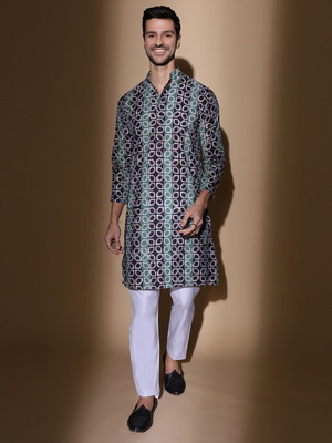 Moshi Men Printed Straight Kurta(Blue)