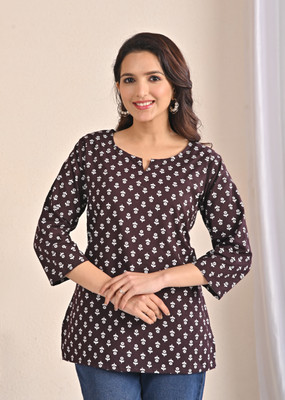 BR FASHIOIN Women Printed Flared Kurta(Brown, White)