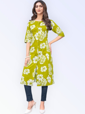 ABHI FAB Women Printed Straight Kurta(Green)