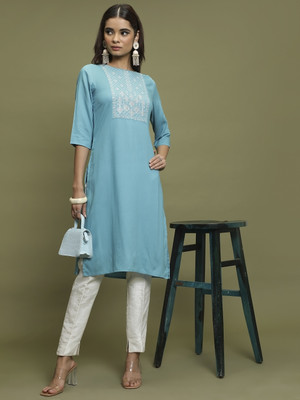 Vishudh Women Solid Straight Kurta(Blue)