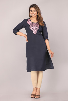 Mehsoos Women Embroidered Straight Kurta(Dark Blue, Pink)