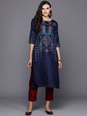 ANOUK Women Self Design Straight Kurta(Dark Blue)