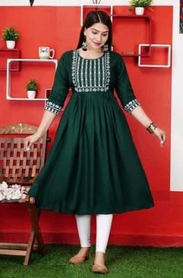 Hiyaa Fashion Women Embroidered Flared Kurta(Dark Green)