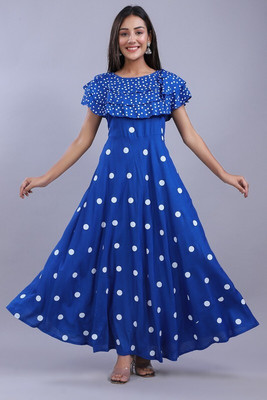 AO services Women Printed Flared Kurta(Blue)