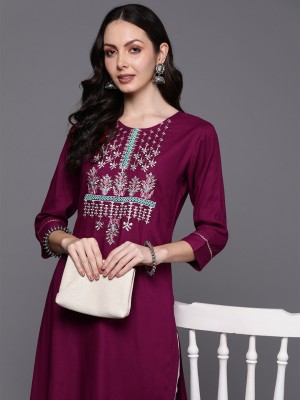 Indo Era Women Embroidered Straight Kurta(Purple)