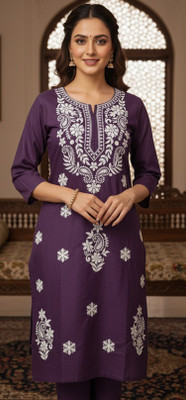 ZEHRACHIKAN Women Chikan Embroidery, Embroidered Straight Kurta(Maroon)