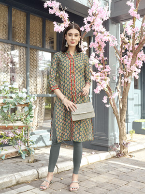 ANOUK Women Printed Straight Kurta(Grey)