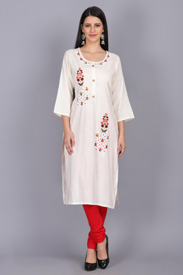 JAFREES Women Embroidered A-line Kurta(White)
