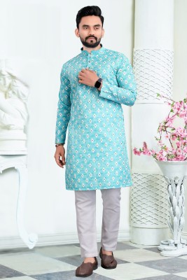 RAJWADI FASHION Men Printed Straight Kurta(Light Blue)