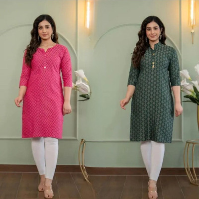 AOSLY Women Printed Straight Kurta(Green, Pink)