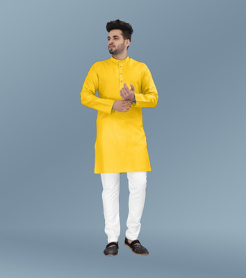 Shree Dutt Creation Men Solid Straight Kurta(Yellow)