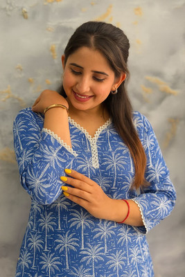 FARZA Women Printed, Embellished Tunic Kurta(Blue)