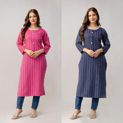 SarojAttire Women Geometric Print, Self Design A-line Kurta(Pink, Dark Blue)
