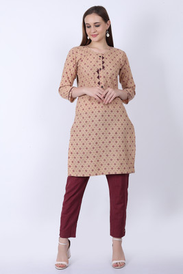 SENEM Women Printed Straight Kurta(Beige)
