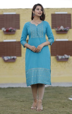 MAMTA TEXTILES Women Embroidered Straight Kurta(Light Blue, Gold)