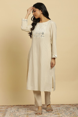 W Women Solid Straight Kurta(Beige)