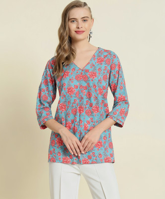 Datalact Women Printed Straight Kurta(Light Blue)