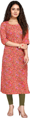 VihaanExim Women Floral Print Straight Kurta(Orange)