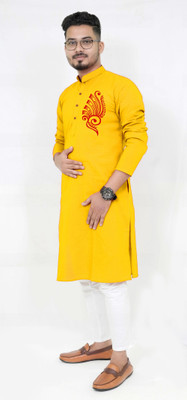Rainbow Cloths Men Printed Straight Kurta(Yellow)