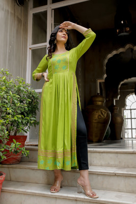 INDI INSIDE Women Block Print A-line Kurta(Green)
