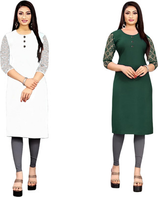 HOFC Women Solid Straight Kurta(White, Dark Green)