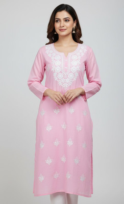 ABCALLECTION Women Embroidered, Chikan Embroidery Straight Kurta(Pink)