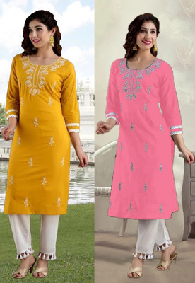 SISTO Women Chikan Embroidery Straight Kurta(Red)