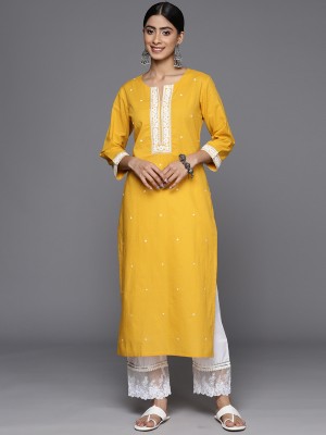 Varanga Women Embroidered Straight Kurta(Yellow, White)