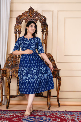 saadgee Women Floral Print Anarkali Kurta(Blue)