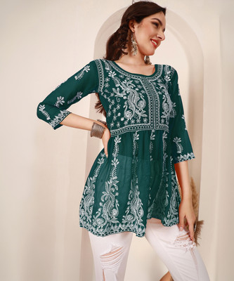 HERE&NOW Women Chikan Embroidery Flared Kurta(Green)
