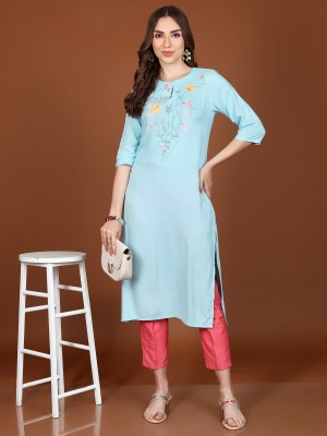 Vishudh Women Embroidered Straight Kurta(Blue)