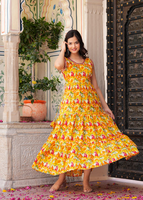CHARVI CREATION Women Printed Flared Kurta(Yellow)