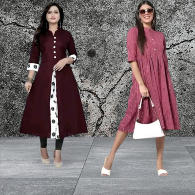Texpamz Women Striped A-line Kurta(Red, Maroon)