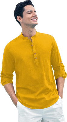 GOD HEART Men Solid A-line Kurta(Yellow)