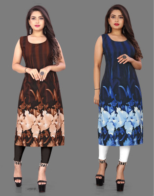Modli 20 Fashion Women Floral Print Straight Kurta(Brown, Blue)