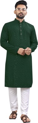 Dream Clouds Men Embroidered Straight Kurta(Green)