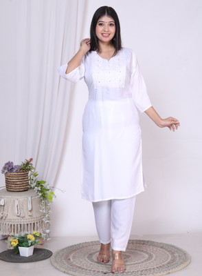 Rishit creation Women Embroidered Straight Kurta(White)