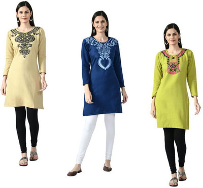 Indeweaves Women Self Design Straight Kurta(Light Blue, Light Green, Yellow)