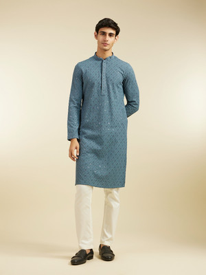 DIWAS by Manyavar Men Embroidered Straight Kurta(Blue)